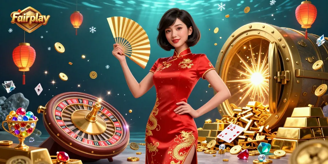 Experience Fairplay excitement with a captivating Asian woman celebrating casino wins surrounded by gold coins.