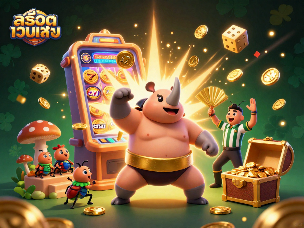Experience the excitement of สล็อตเว็บตรง with engaging visuals of a sumo champion beetle and dynamic casino elements.