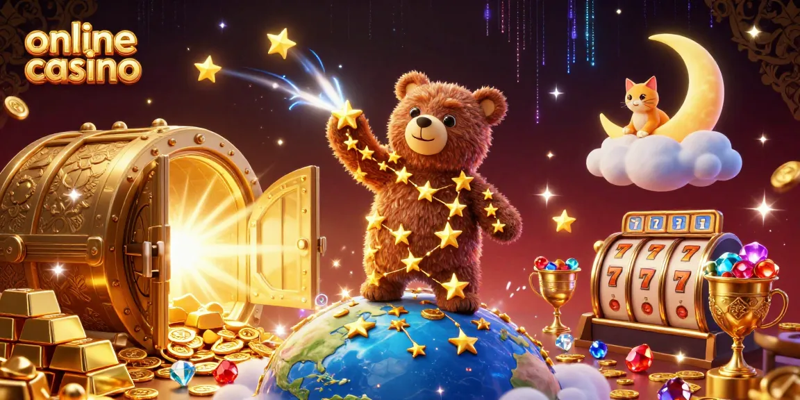 Engage with the online casino world as a constellation bear scoops coins amidst dynamic casino elements.