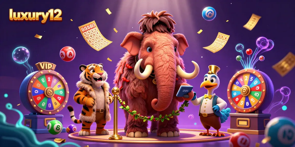 Luxury12 lottery scene with a woolly mammoth bouncer checking IDs and a saber-tooth tiger VIP.