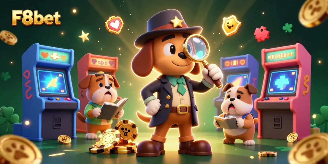 Engage with F8bet as a detective dog examines a golden poker chip clue in this vibrant casino scene.