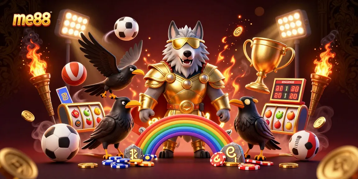 Experience the thrilling world of me88 with a dynamic 3D casino scene showcasing Odin, sports elements, and vibrant gaming icons.