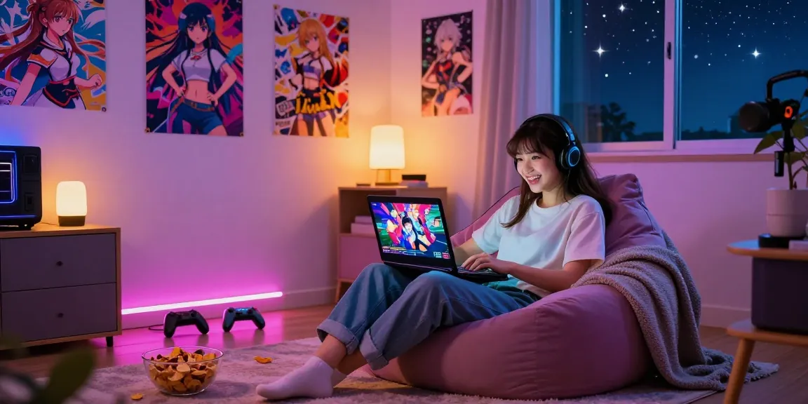 Engaged gamer enjoying popular hentai games in a cozy bedroom