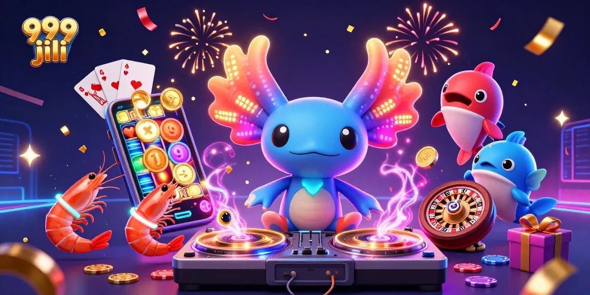 Experience the excitement of 999 jili with our vibrant casino scene, featuring a DJ axolotl and game elements.