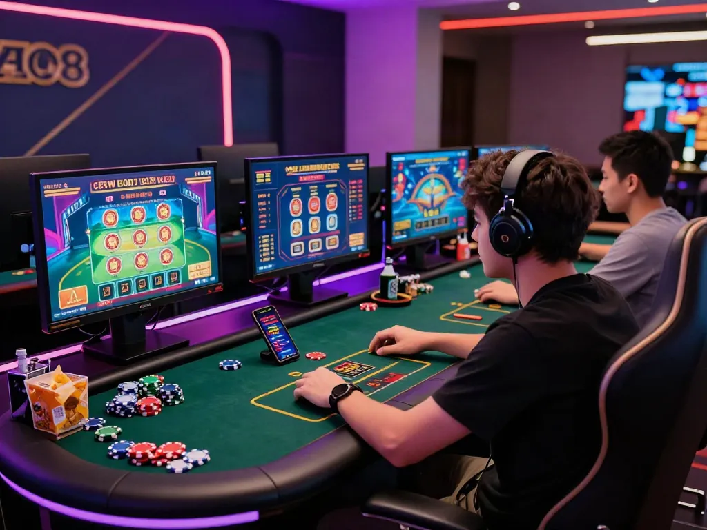 Player engaging with vibrant games on ALO8 COM in a modern gaming setup.