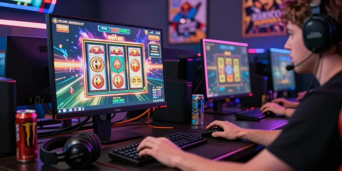 Menampilkan pemain slot bermain di komputer dengan grafik menjanjikan jackpot di layar.