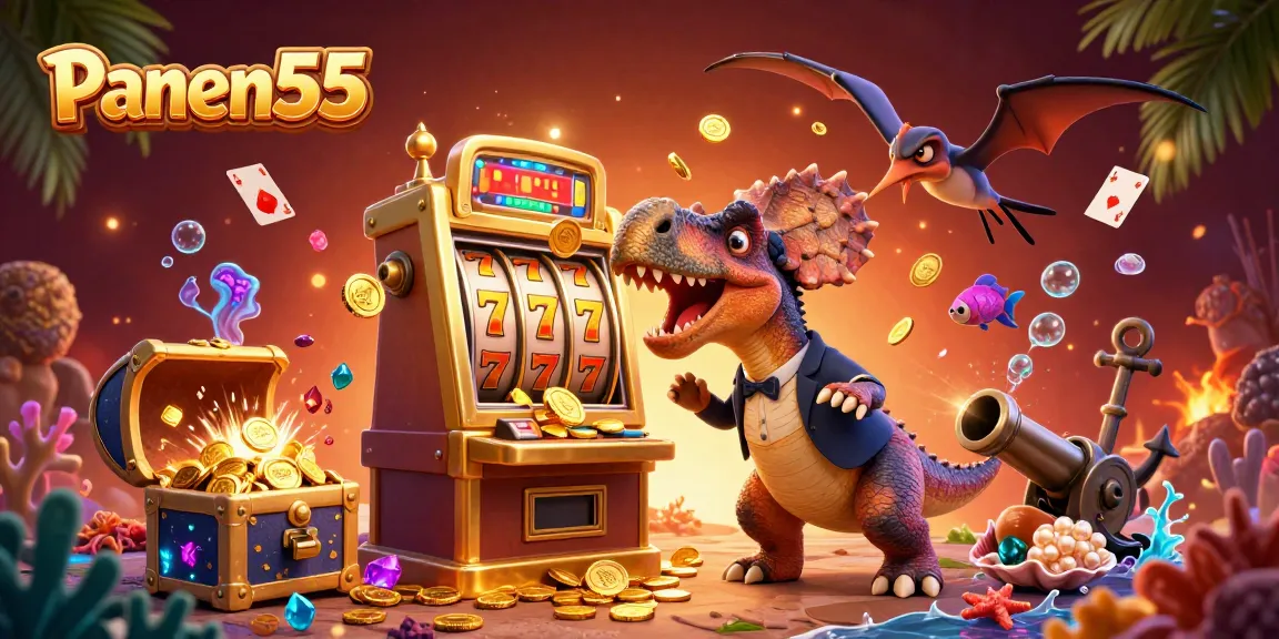 Experience the thrill of Panen55 as a pachycephalosaurus triggers a jackpot, surrounded by vibrant casino elements.