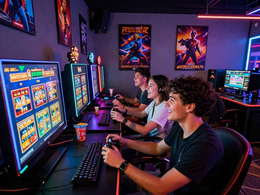Exciting slot88 gaming session with friends enjoying vibrant graphics and controllers in an immersive setting.