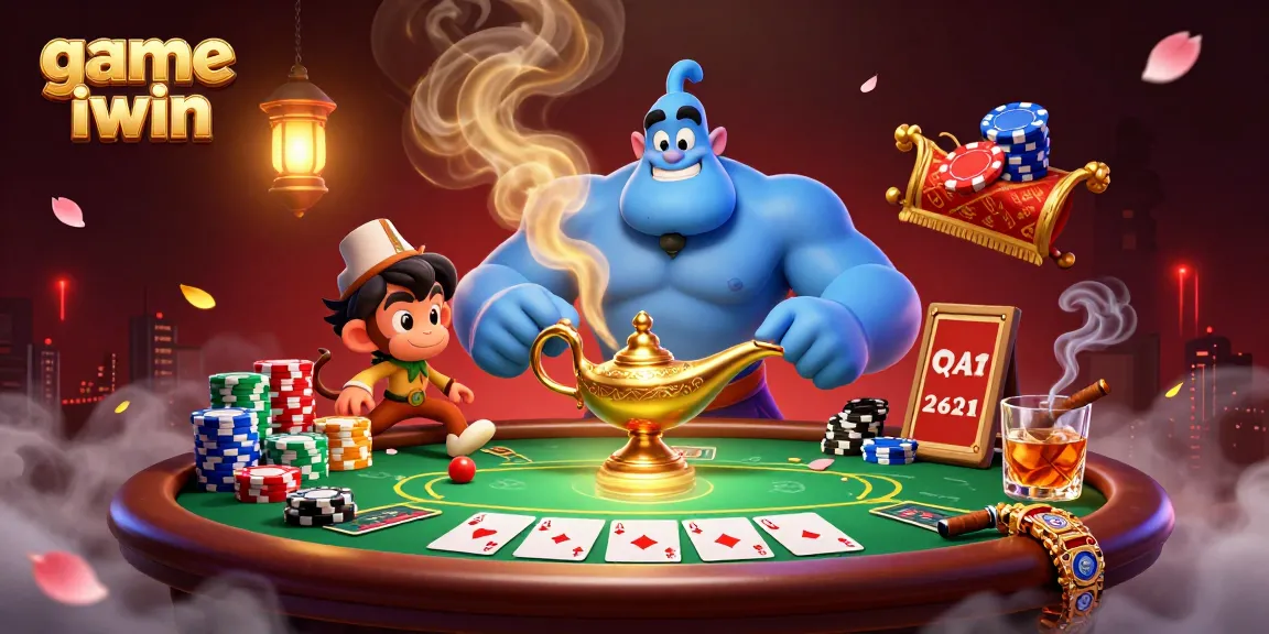 Engage in the thrilling game iwin with a vibrant illustration featuring poker chips, a genie, and magic carpet.