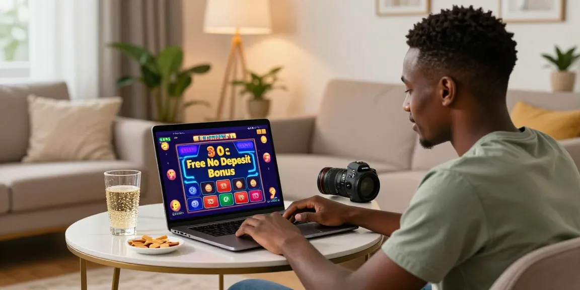 Exciting scene of a young player engaging with Free No Deposit Bonus offers on their laptop at home, highlighting a warm atmosphere and gaming excitement.