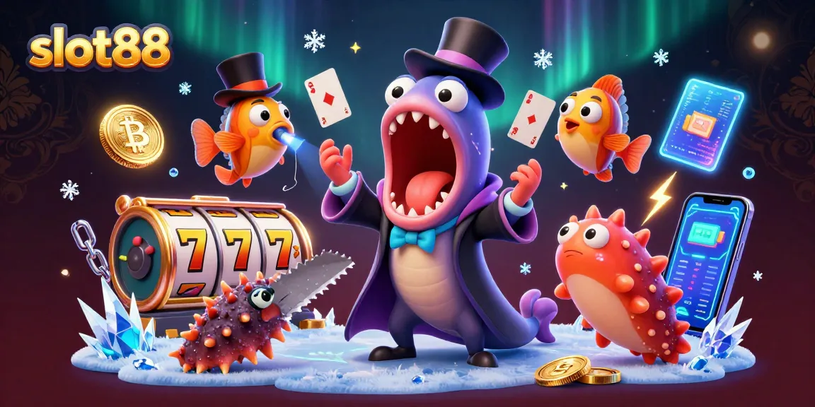 Permainan slot88 yang menarik dengan elemen slot, ikan angler yang berkilau, dan efek cahaya menawan.