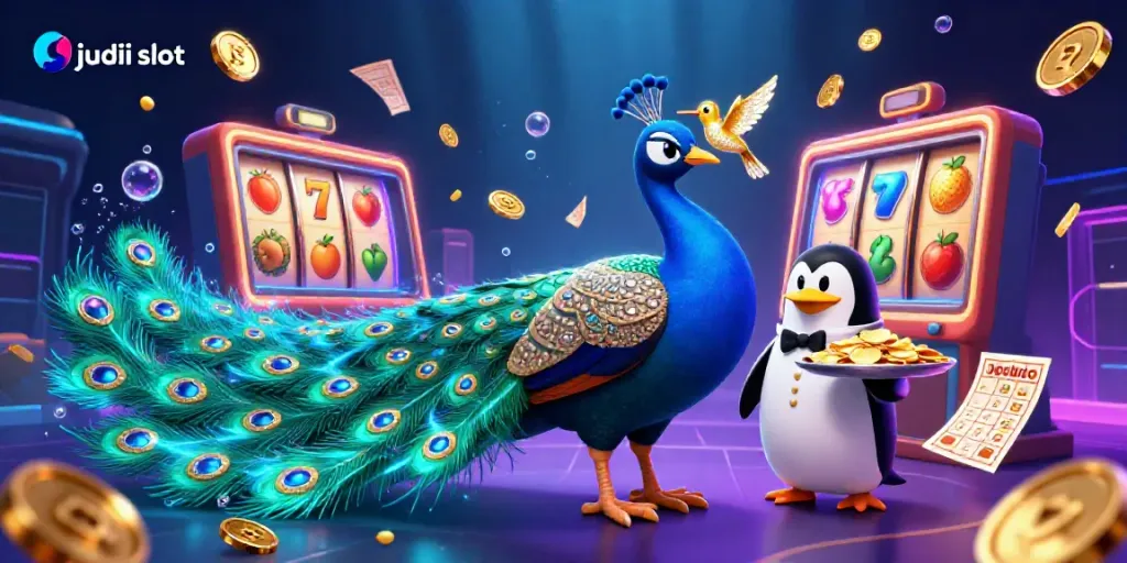 Engage with the thrilling judi slot adventure featuring a lavish peacock and unique casino elements in a vibrant scene.