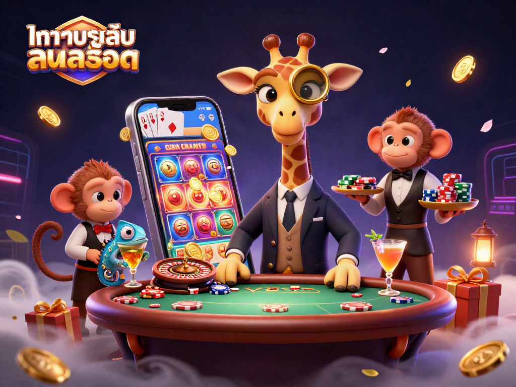 Experience ทดลองเล่นสล็อต with vibrant characters and engaging casino elements in this dynamic 3D illustration.