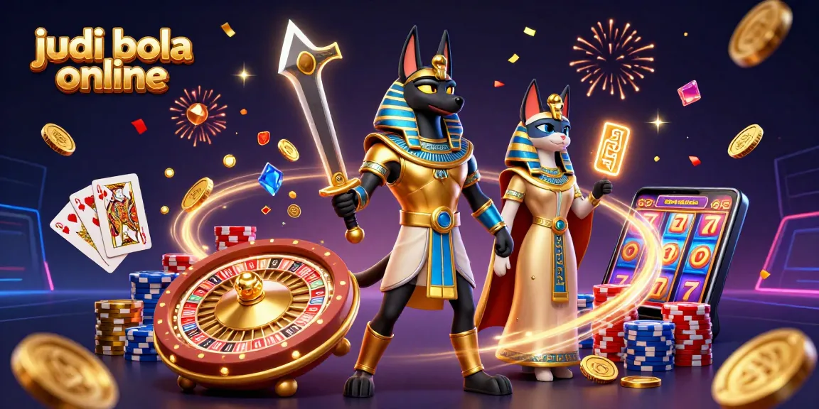 Experience thrilling judi bola online action with Anubis and Bastet in a vibrant casino scene.