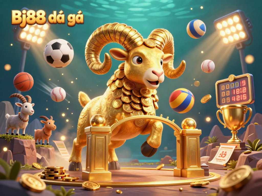 Bj88 đá gà showcases an action-packed illustration with a golden ram charging triumphantly through a vibrant gaming arena filled with dynamic sports elements.