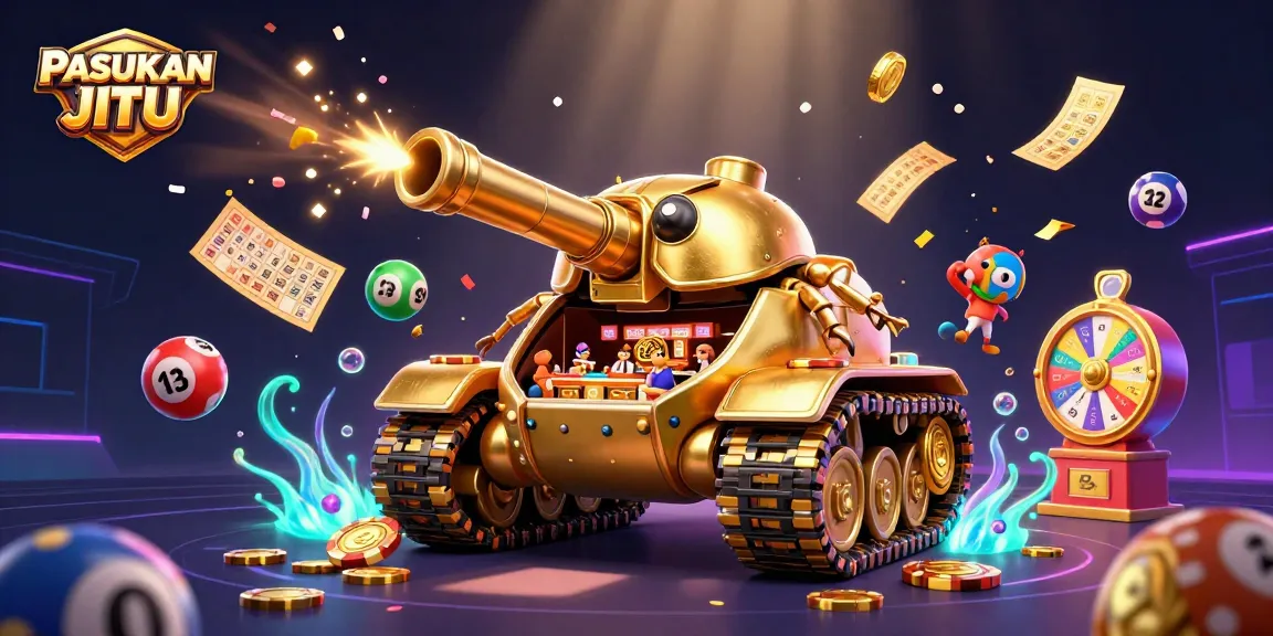 Win big with PASUKAN JITU's miniature casino inside a golden beetle tank, featuring lottery and bingo elements.