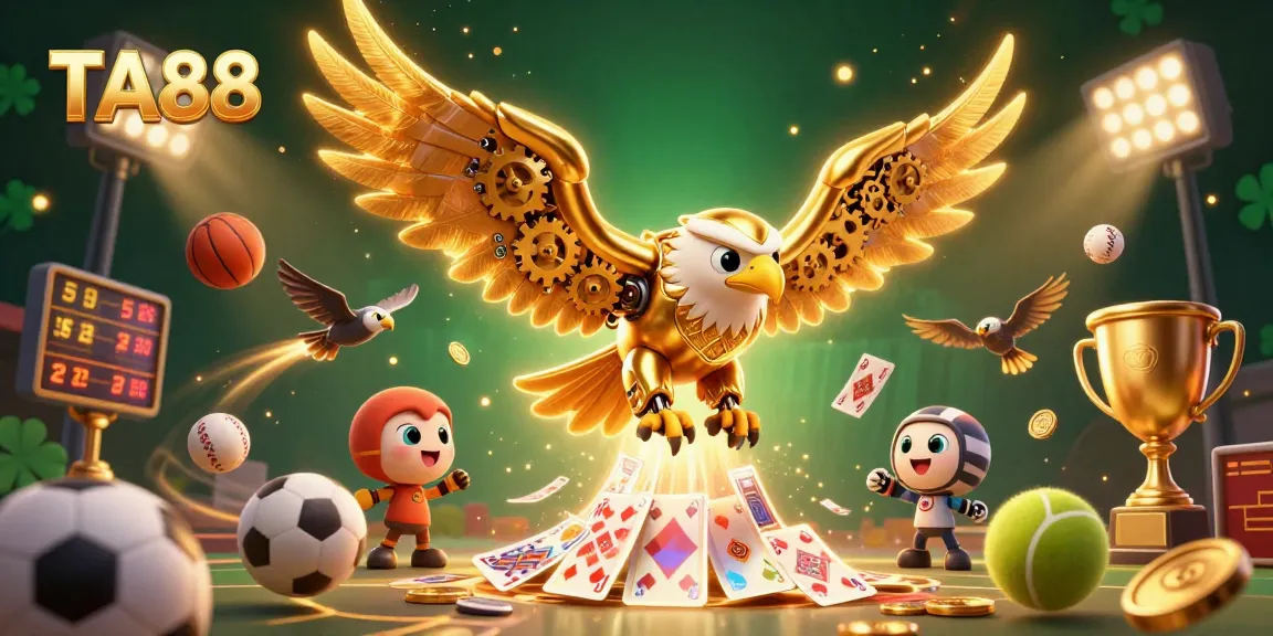 TA88 sports betting championship scene with a golden eagle diving through holographic cards and sports balls.