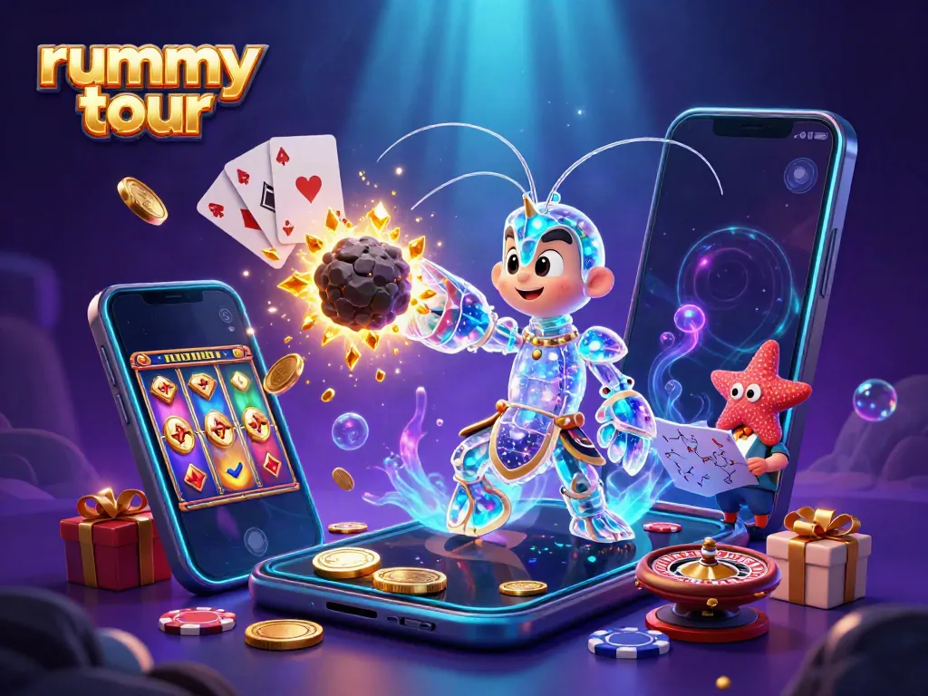 Ilustrasi Rummy Tour menampilkan karakter udang mantis galaksi dengan armor yang menarik, menghadirkan keseruan permainan kartu.