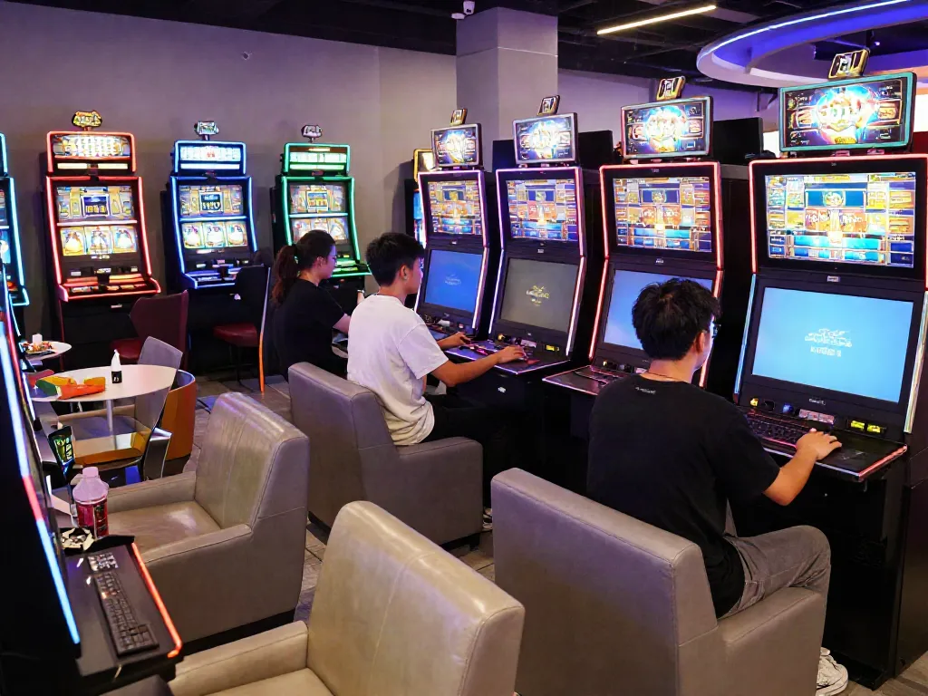 Exciting gaming scene at KING999 featuring players at vibrant slot machines.
