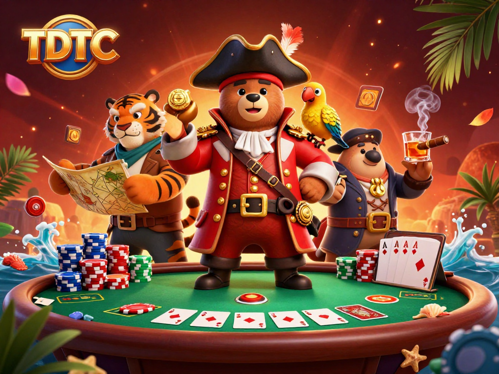 Experience thrilling poker excitement with TDTC's pirate-themed gaming illustration, featuring vibrant characters and gameplay.