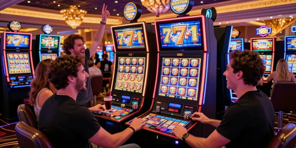 Friends joyfully playing Lucky777 slots in a lively casino.