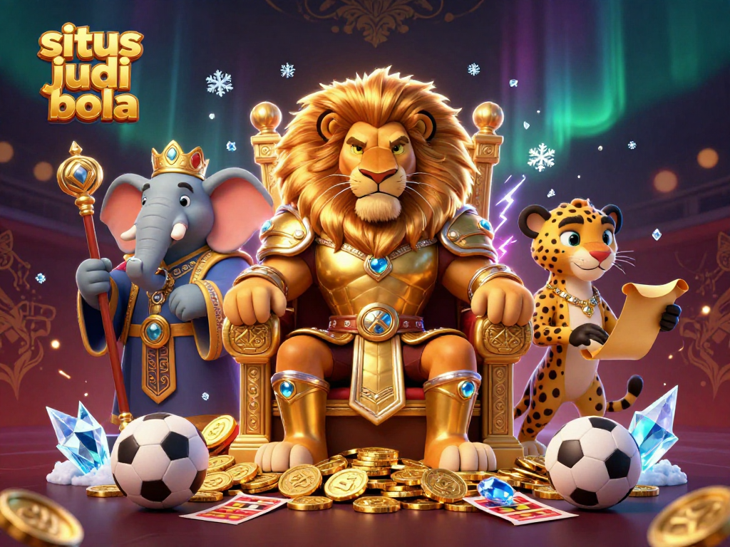Engage with situs judi bola through dynamic sports betting elements featuring a lion king, elephant advisor, and cheetah messenger.