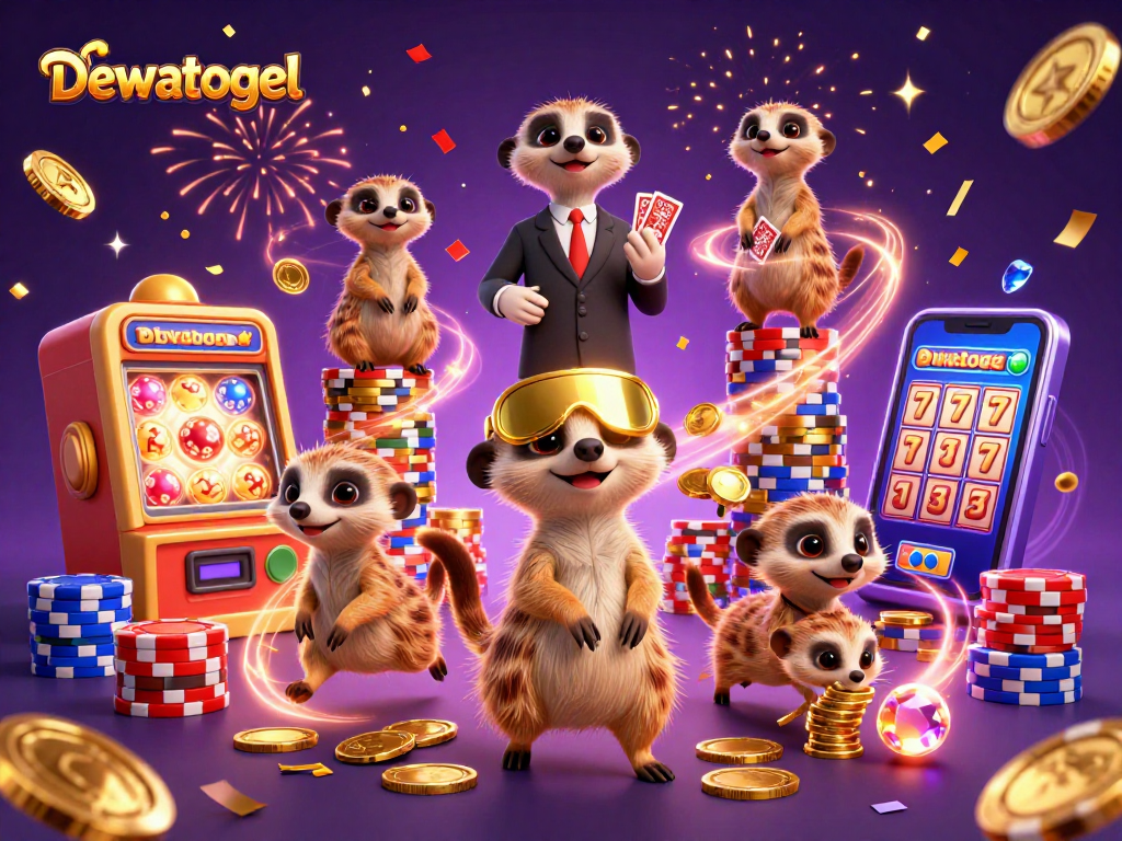 Dewatogel menampilkan koloni meerkat yang mengoperasikan kasino dengan karakter menarik dan alat lotere yang bersinar.