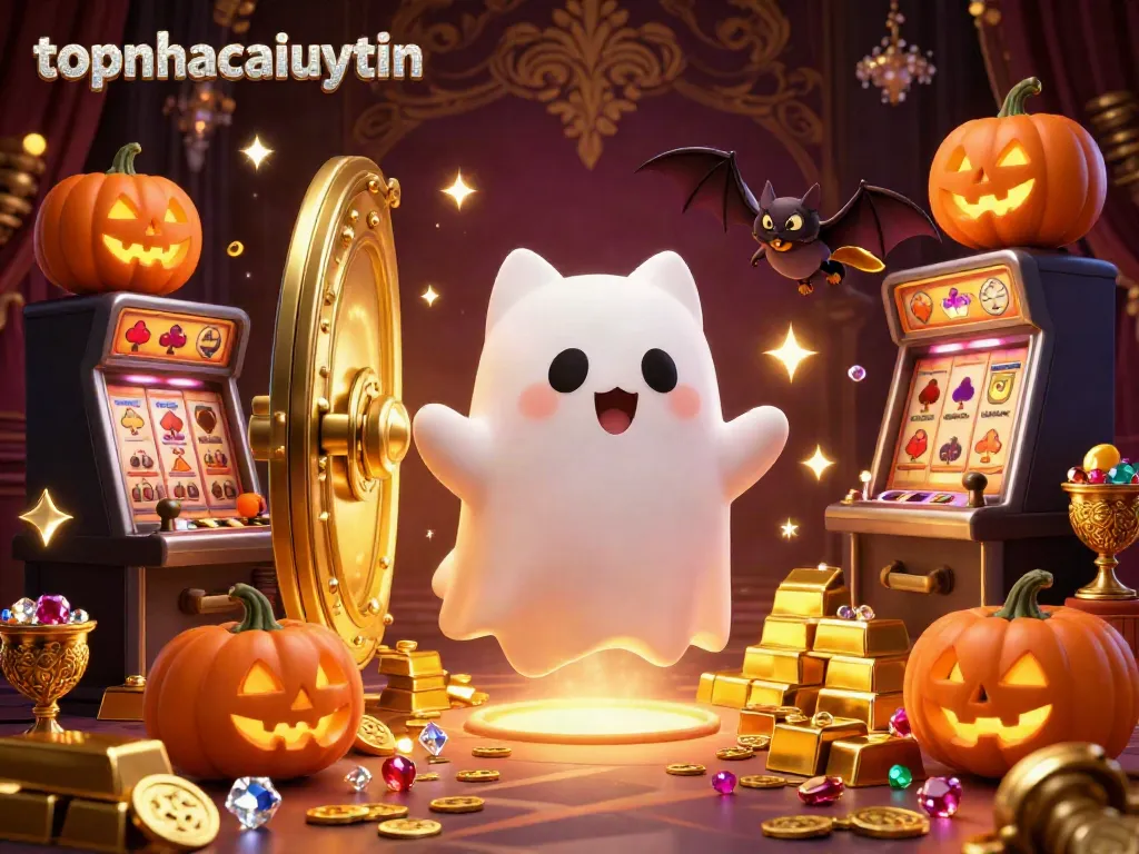 Engage with the mystical topnhacaiuytin casino, featuring a ghost cat and a vampire bat in a magical scene.