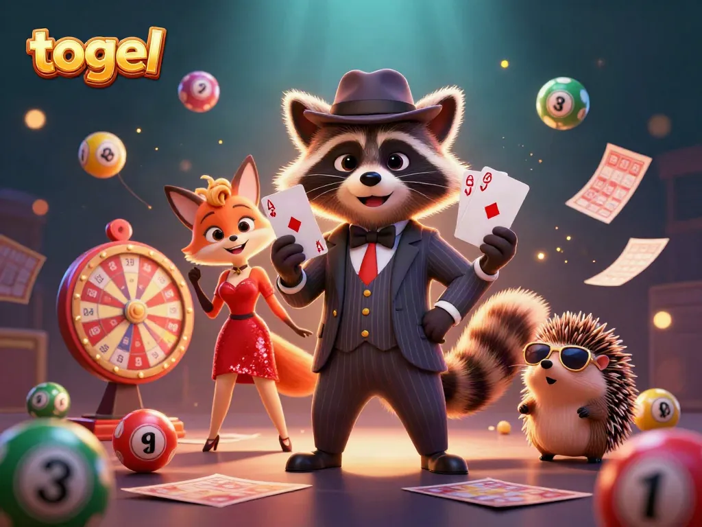 Experience thrilling togel action with a suave raccoon, a stylish fox, and a hedgehog bouncer amidst dynamic lottery elements.