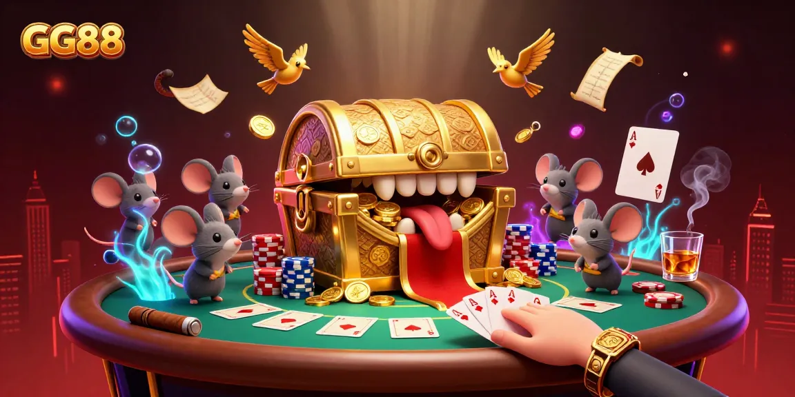 Engage with GG88's exciting casino atmosphere featuring a vibrant treasure chest and poker elements.