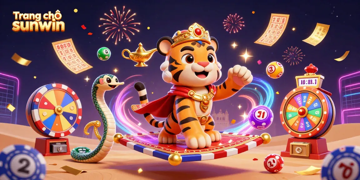 Engage with the vibrant world of Trang chủ sunwin, featuring a magical sultan on a carpet of poker chips amidst lottery excitement.