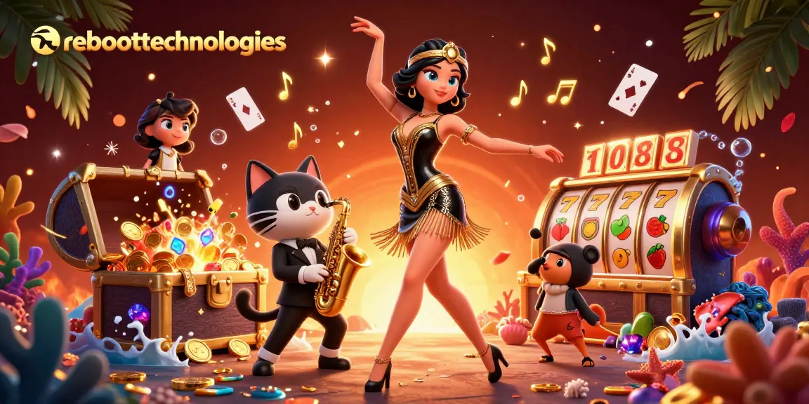 Experience the thrill of casino gaming with reboottechnologies' vibrant 3D illustration featuring energetic characters and slot machines.