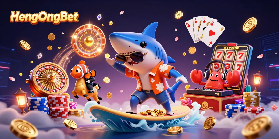 Play exciting games at HengOngBet with fun characters in a vibrant, action-packed casino scene.