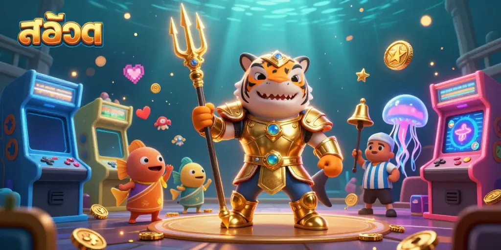Experience the thrill of สล็อต gaming with a tiger shark gladiator and vibrant arcade elements