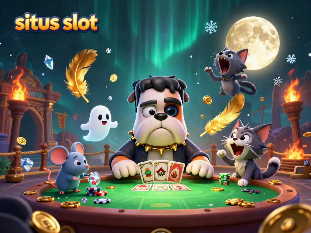 Ilustrasi 3D situs slot dengan karakter unik, menampilkan Frankenstein bulldog, mouse hantu, dan kitten werewolf.