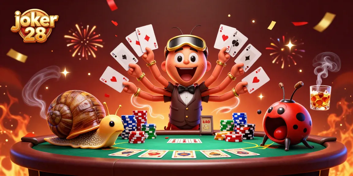 Mensukseskan permainan joker 28 dengan dealer kartun dan tumpukan chip yang megah.