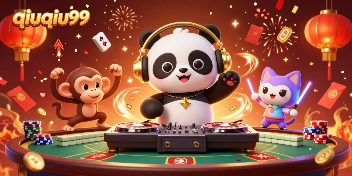 Experience the vibrant energy of qiuqiu99 with a DJ panda and gaming elements in a lively scene.