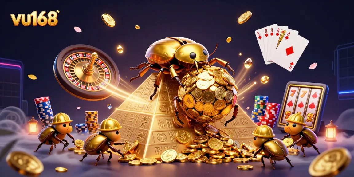 Experience thrilling gameplay at vu168 with a golden beetle and casino symbols in a vibrant 3D scene.