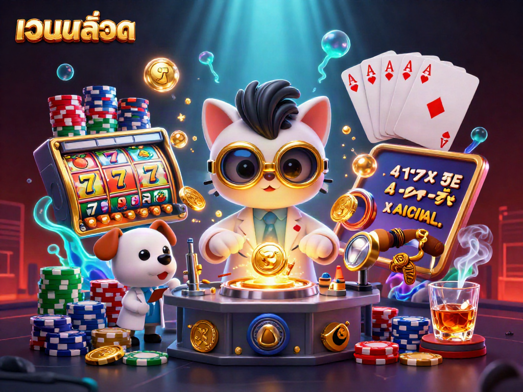 Engage with เว็บสล็อต through this vibrant illustration showcasing a mad scientist cat and dynamic slot machine elements.