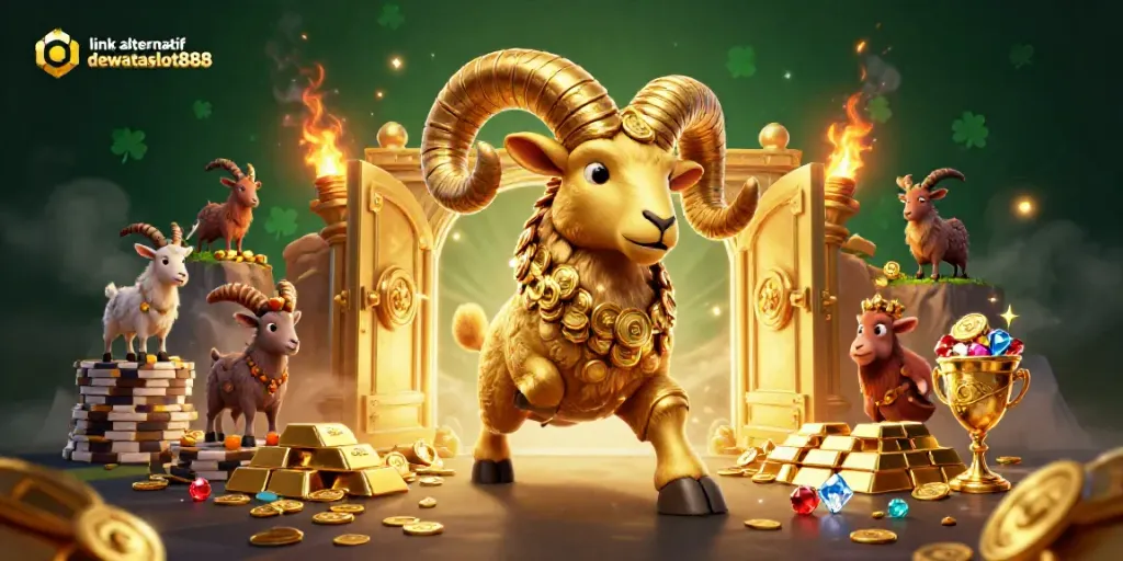 Mainkan link alternatif dewataslot888 dengan ram emas berlari menuju gerbang kasino megah penuh harta.