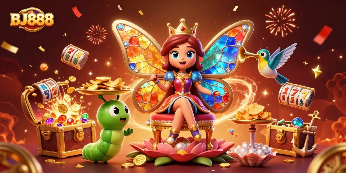 Experience the excitement of BJ888 with a vibrant casino scene featuring a butterfly queen, treasure chest, and festive elements.