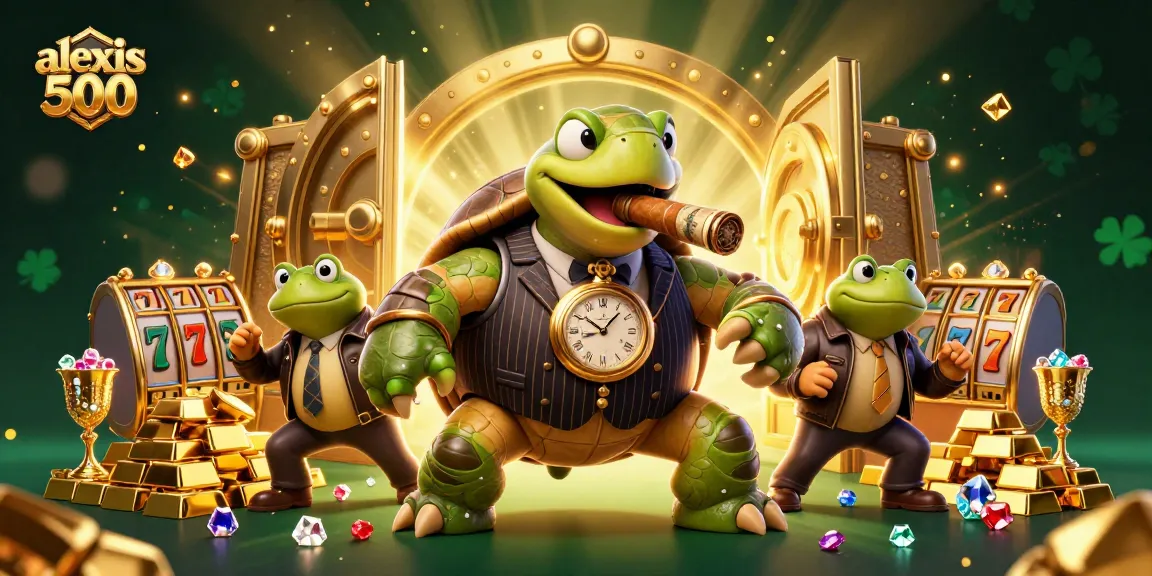 Engage with alexis 500 in a vibrant casino scene featuring a snapping turtle and bullfrog enforcers.