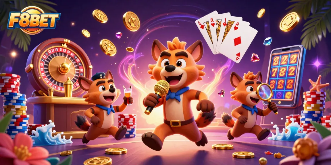 Experience the thrill of F8BET with animated hyenas in a vibrant casino scene.