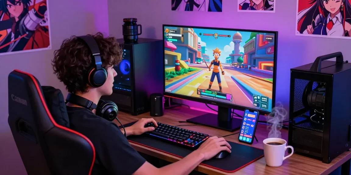 Engaged gamer enjoying hentai games on a vibrant 3D monitor with colorful characters and gaming peripherals.