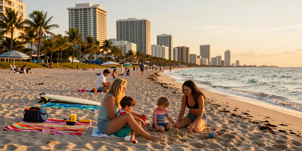 Keluarga bermain di pantai Miami saat matahari terbenam, menciptakan suasana liburan yang bahagia di https://miami4d.com/.