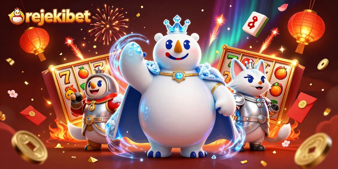 Rejekibet showcases vibrant slot action with a polar bear king and a snow fox in a dynamic casino scene.
