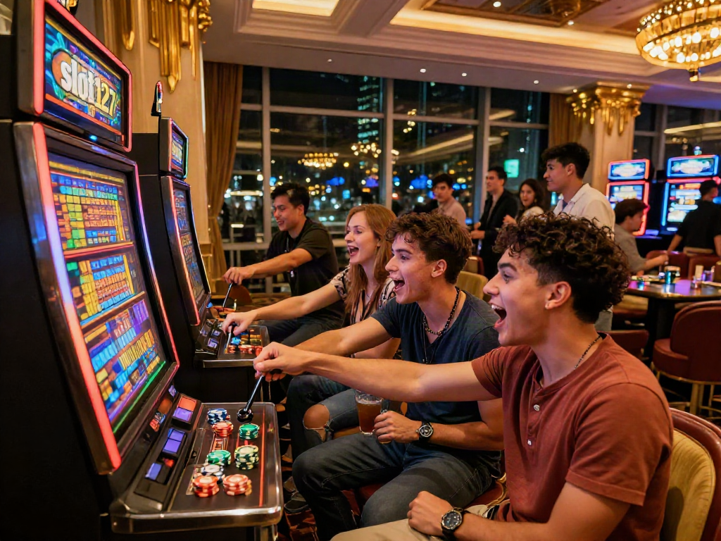 Exciting casino scene with friends engaging at slot127 machine, vibrant atmosphere and colorful decor.