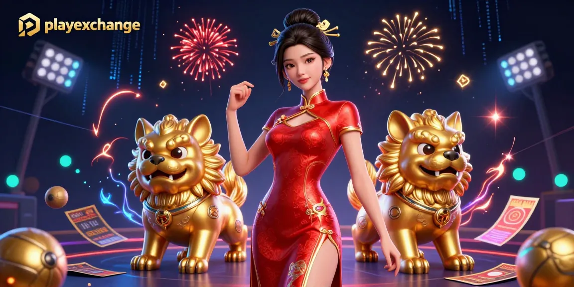Playexchange elevates cricket betting with dynamic characters and sports elements in a vibrant 3D scene.