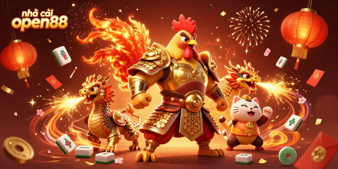 Experience the thrill at nhà cái open88 with a golden rooster warrior amidst lively casino elements.