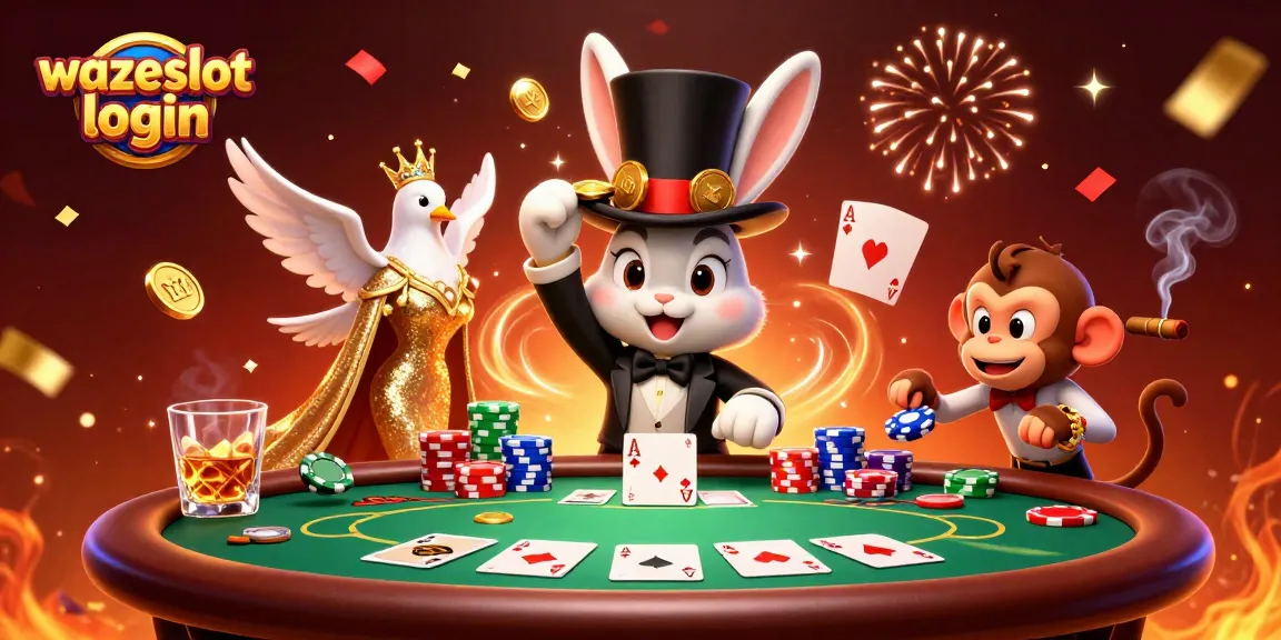 Engage with the excitement of Wazeslot login, featuring a magician rabbit, colorful poker chips, and casino ambiance.